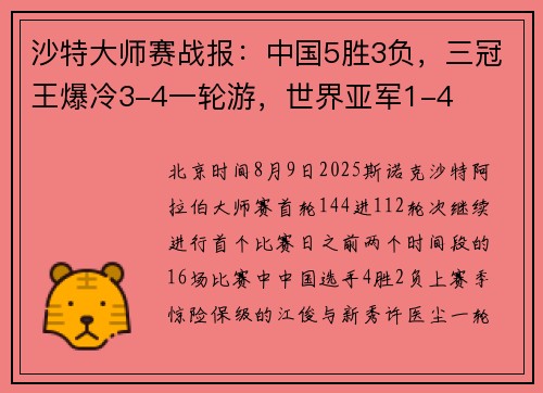 沙特大师赛战报：中国5胜3负，三冠王爆冷3-4一轮游，世界亚军1-4